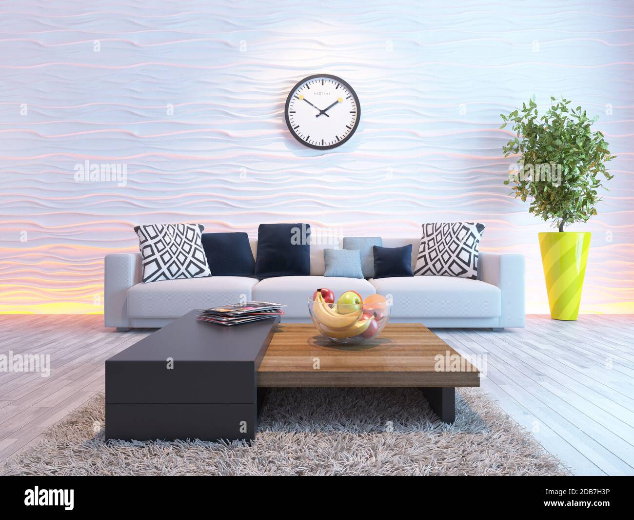 living room or saloon interior design with seat or sofa and wave wall 3d  rendering Stock Photo - Alamy