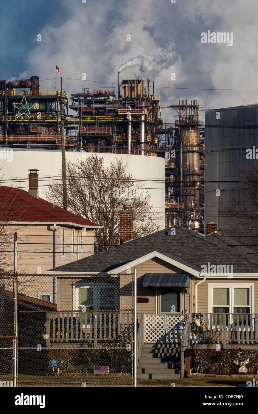 BP Whiting Refinery in Whiting, Indiana with nearby residential areas