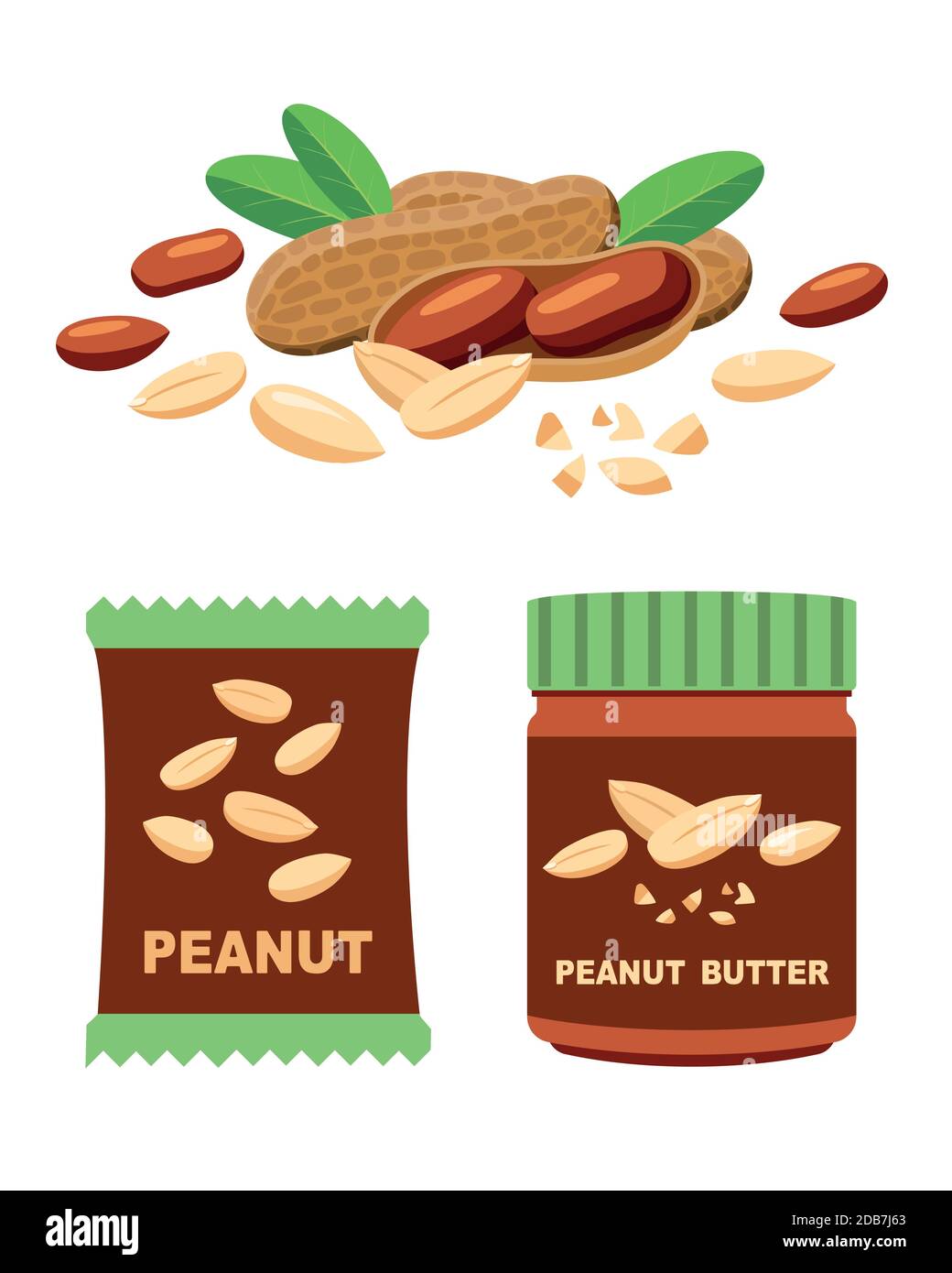 Peanuts and products, pasta and nuts in packaging Stock Vector