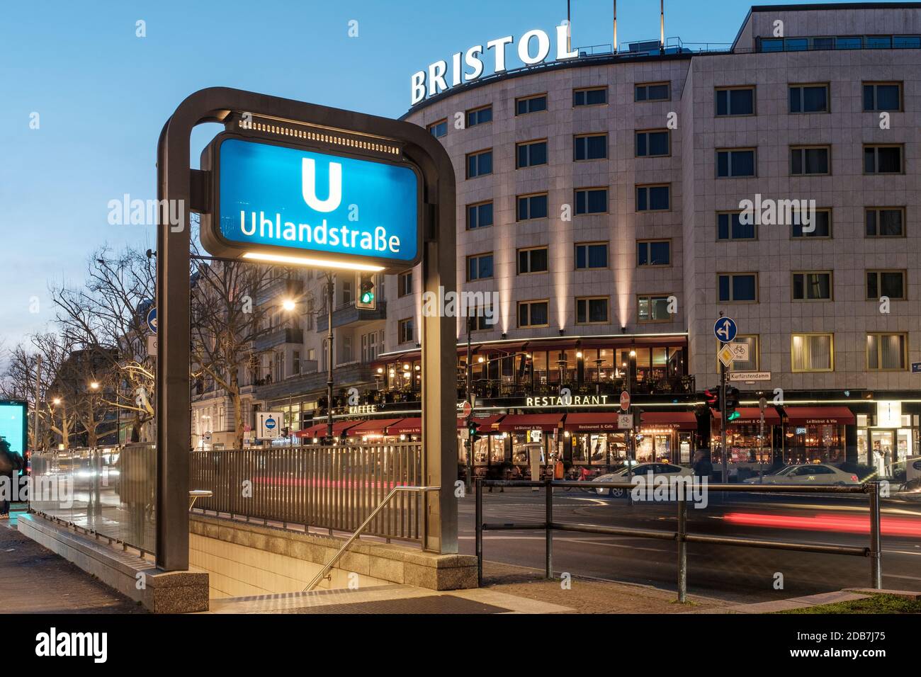 Germany,Berlin, Uhlandstrasse Underground Station at Night Stock Photo