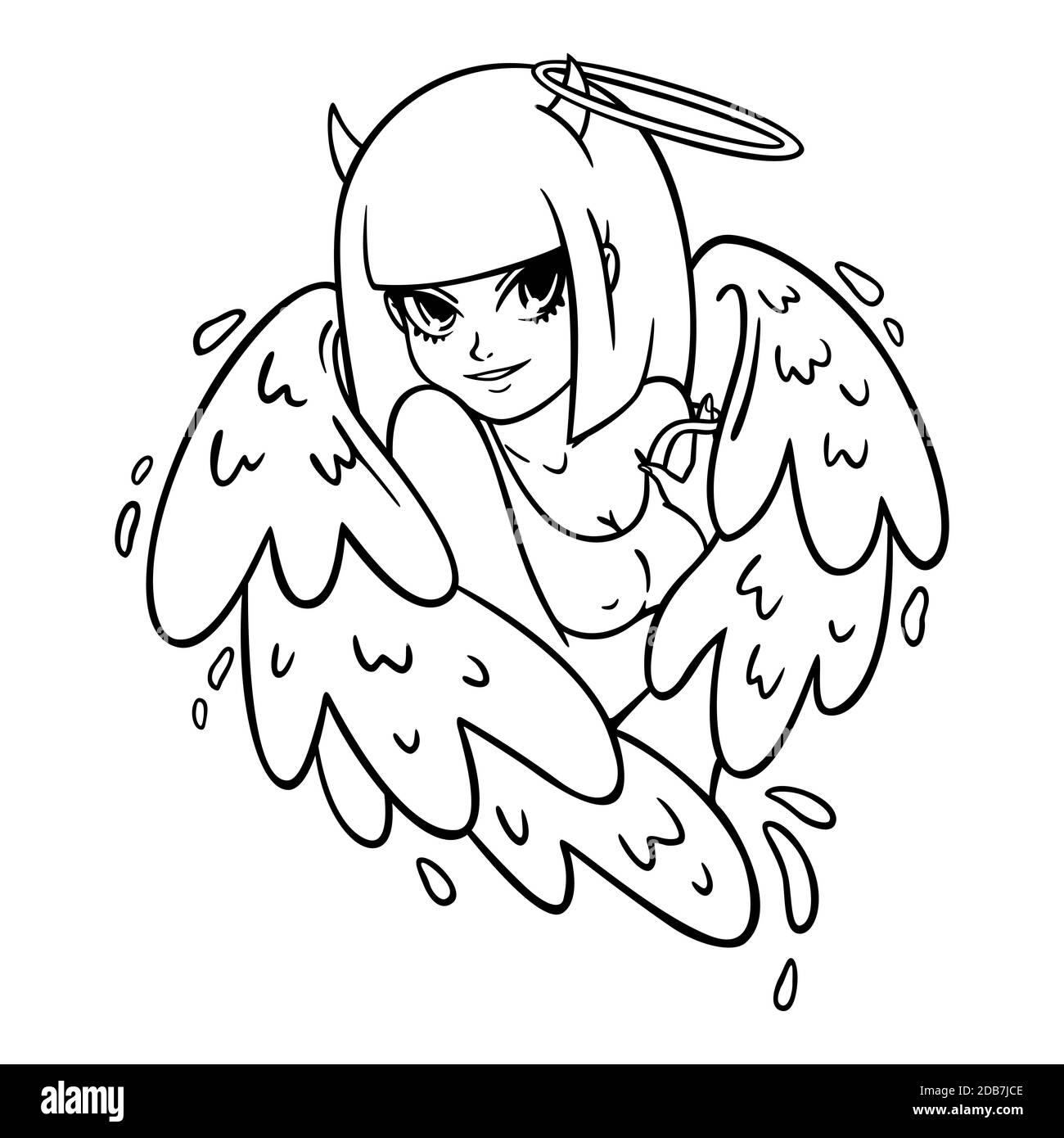 Beautiful woman with wings, horns and nimbus. Angel and demon, good and evil. Attractive succubus in a tank top. Modern vector illustration for clothi Stock Vector