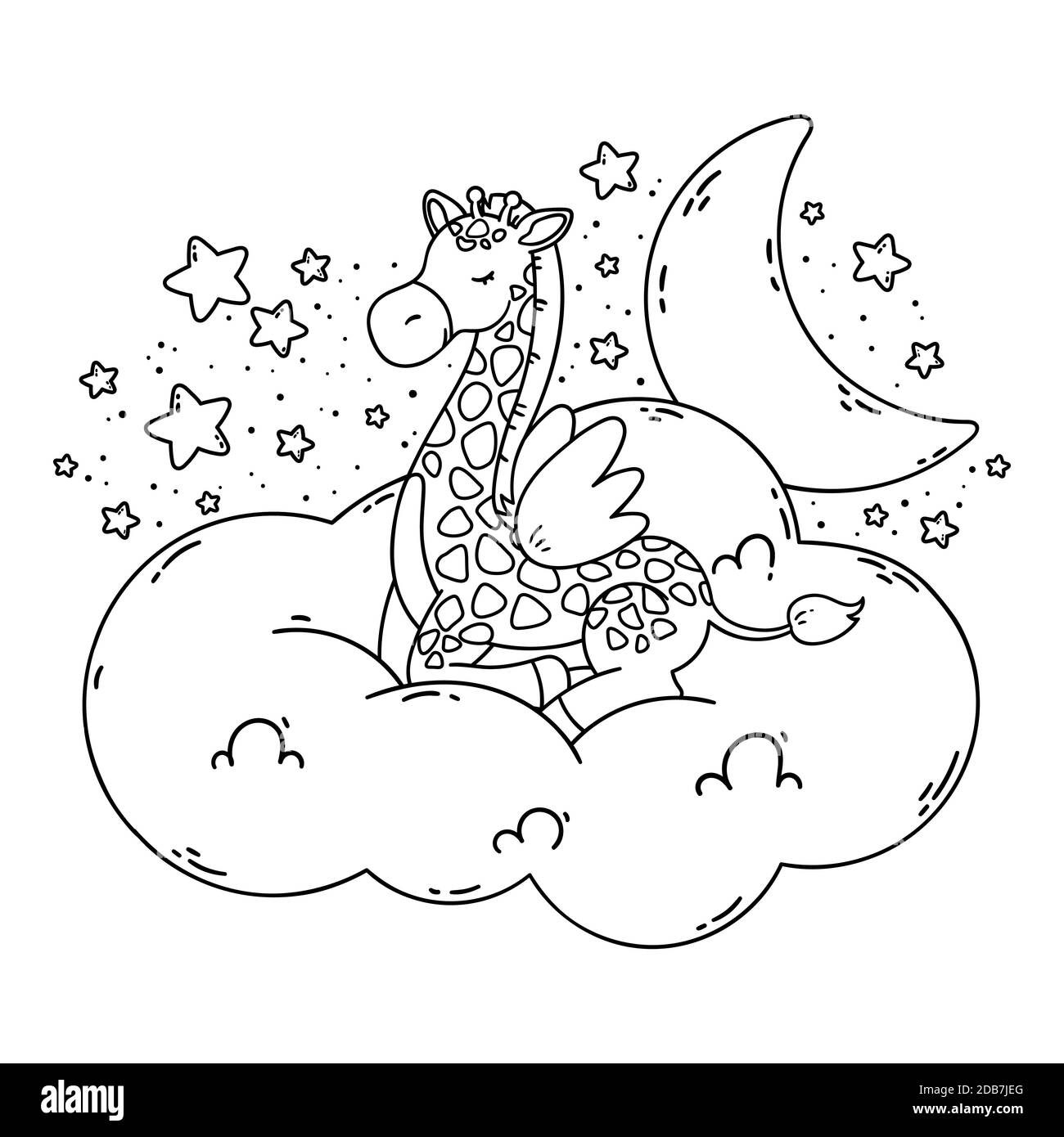 Cute poster with giraffe, moon, stars. Vector illustration for coloring book isolated on white background. Good night nursery picture. Stock Vector