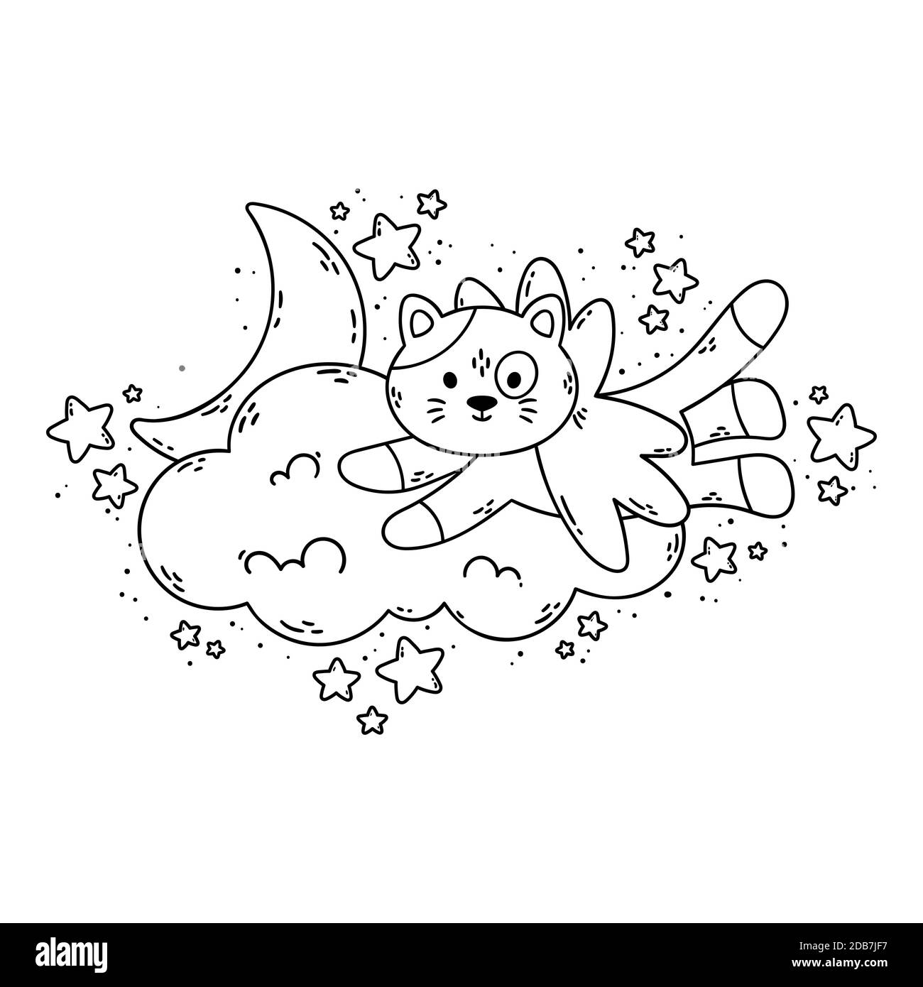 Cat with wings flies past the cloud, the moon, and stars. Vector illustration for coloring book isolated on white background. Good night nursery pictu Stock Vector