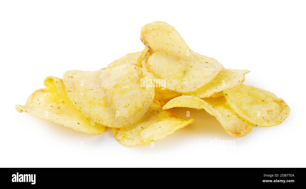 Handful of crispy potato chips isolated on white background Stock Photo