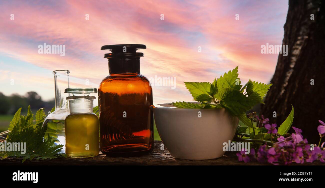 BACH - aromatherapy and natuere medicine. Beauty and spa concept. Original Flower Remedies - set glass bottles. Stock Photo