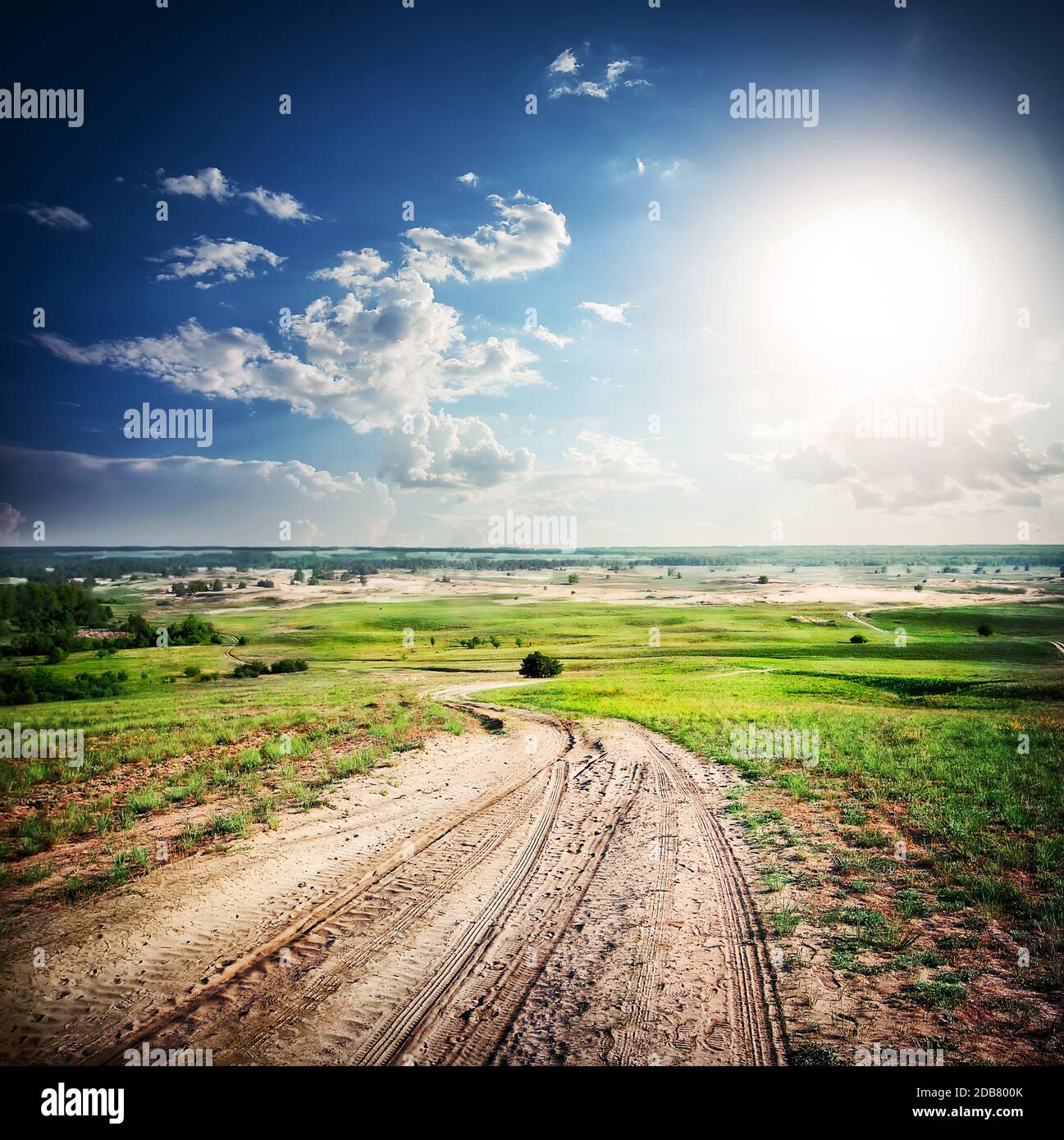 Sandy dirt road in a green field under a bright sun Stock Photo - Alamy