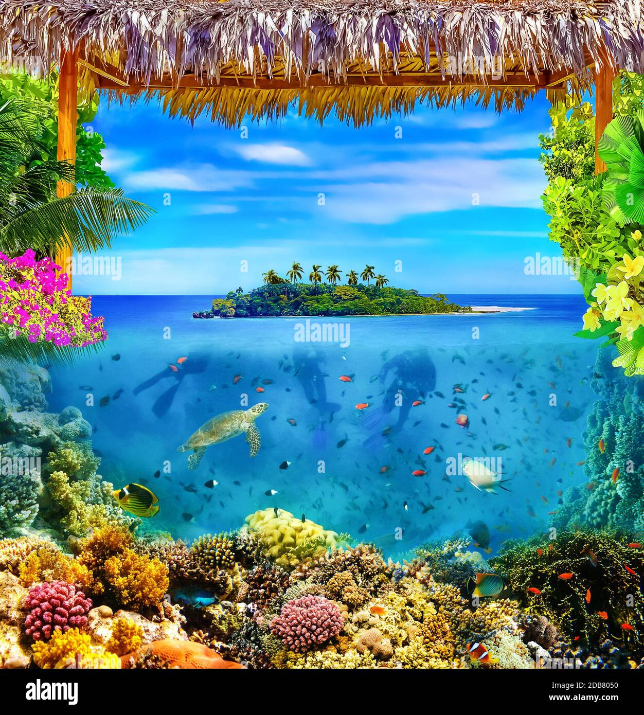 Group of scuba divers exploring coral reef. Underwater sports and tropical vacation concept