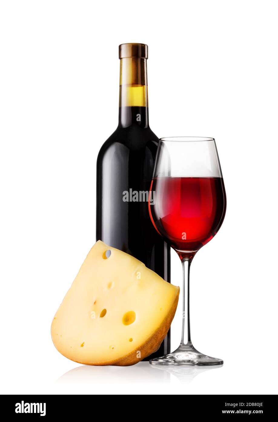 Glass and bottle of red wine with cheese isolated on white background ...