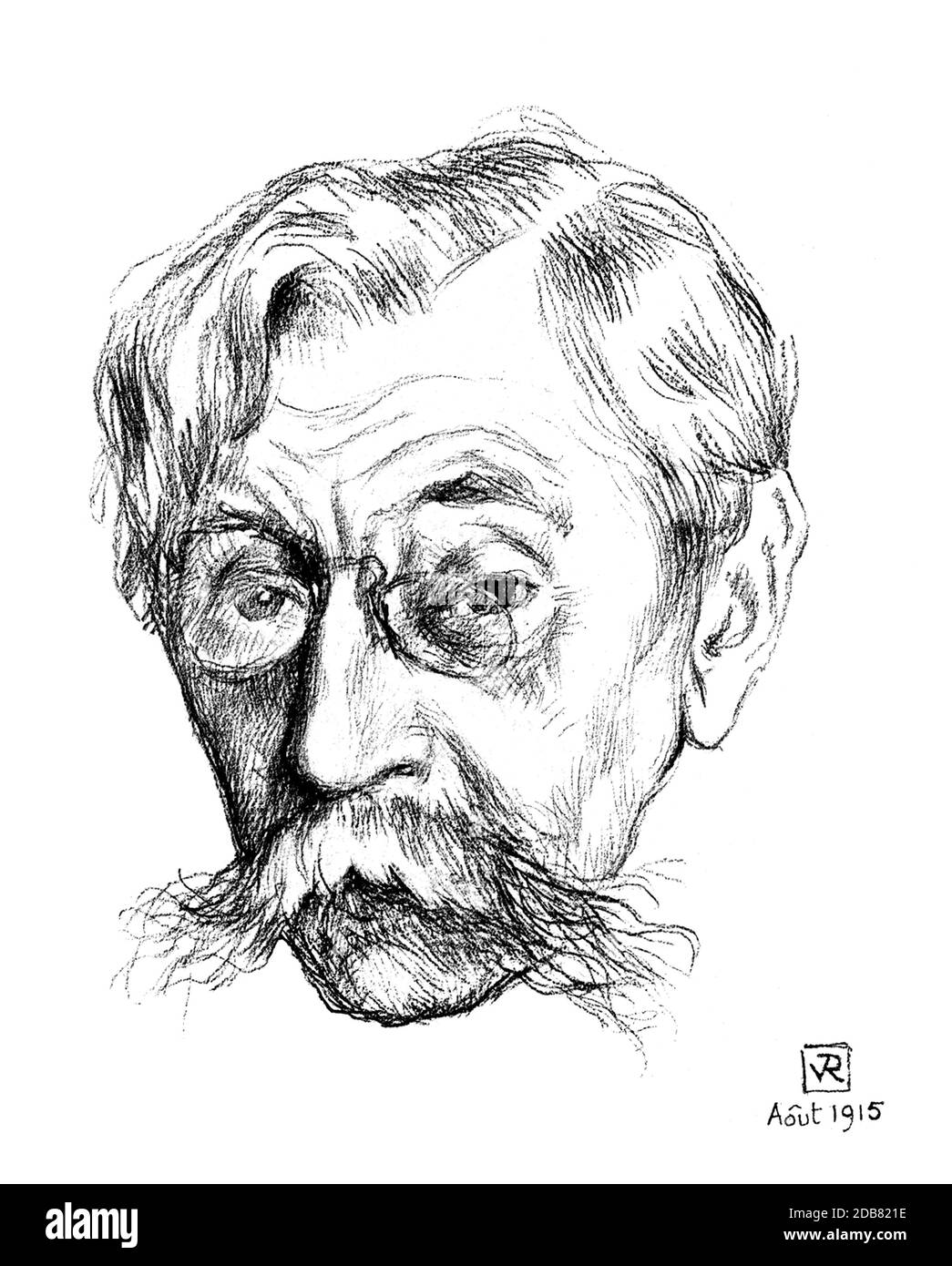 1915 , BELGIUM : The belgian poet EMILE VERHAEREN ( 1855 - 1916 ). Engraved portrait by Theo van Rysselberghe . - Émile - POET - POETA - POETRY - POESIA - LETTERATURA - LITERATURE - BELGIO - baffi - moustache - lens - pince-nez - occhiali da vista  --- ARCHIVIO GBB Stock Photo