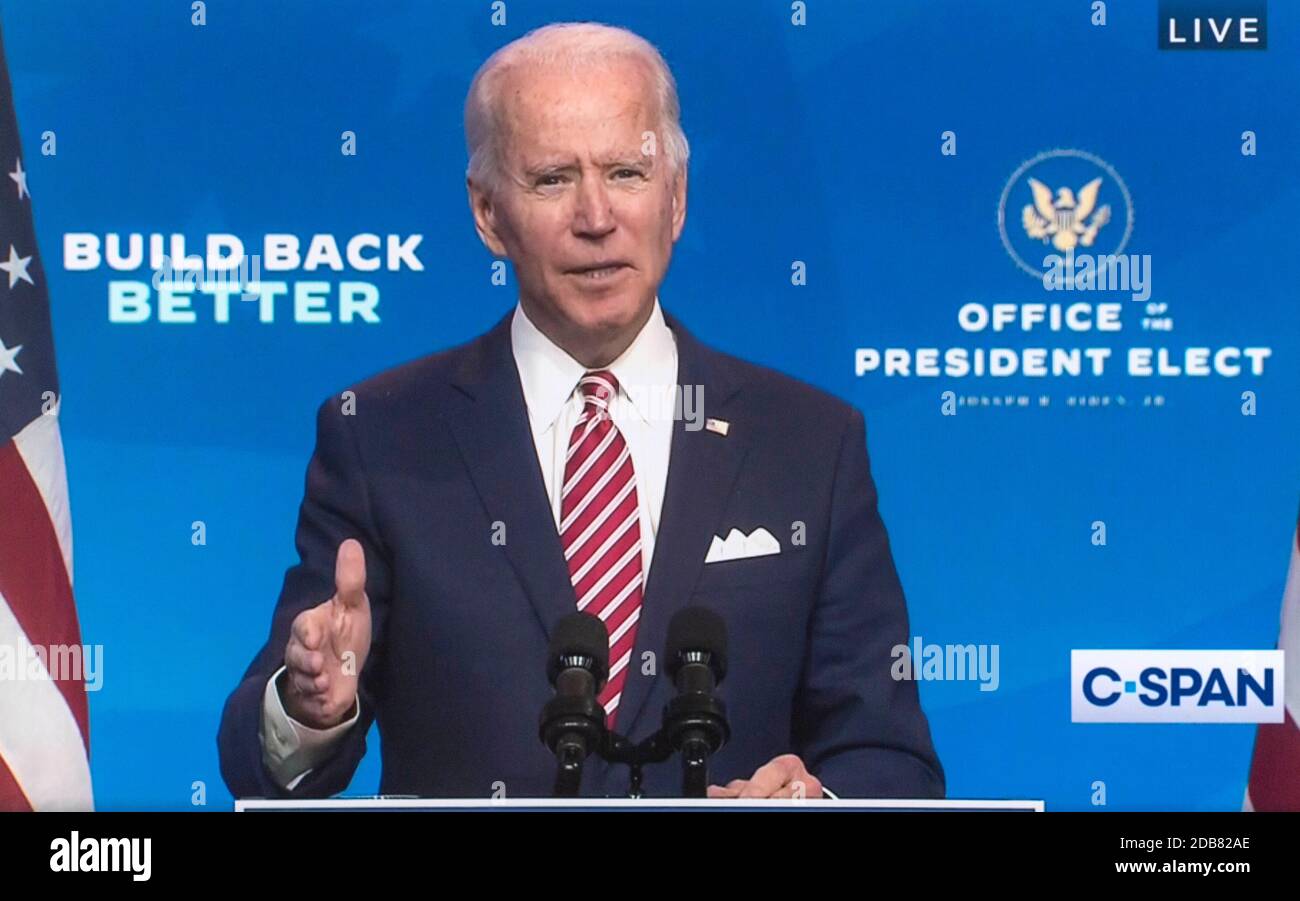 Wilmington, Delaware, USA. 16th Nov, 2020. Video grab of C-SPAN's coverage of President-elect JOE BIDEN delivering remarks about the American economy. Credit: C-Span/ZUMA Wire/Alamy Live News Stock Photo