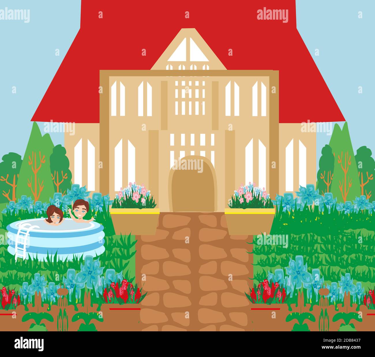 Boy and girl playing in inflatable baby pool Stock Photo Alamy