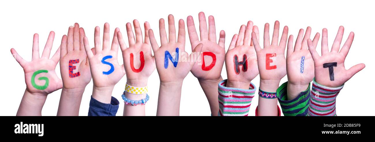 Kids Hands Holding Colorful German Word Gesundheit Means Health White Isolated Background Stock 