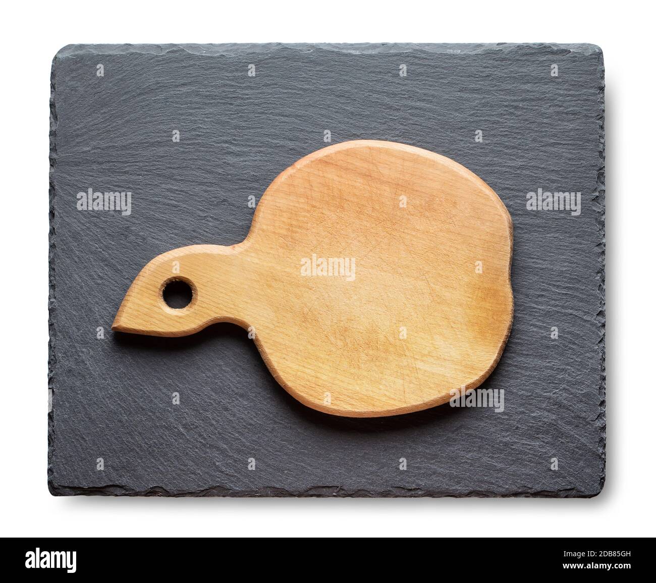 Cutting board on a black slate blackboard isolated on white background