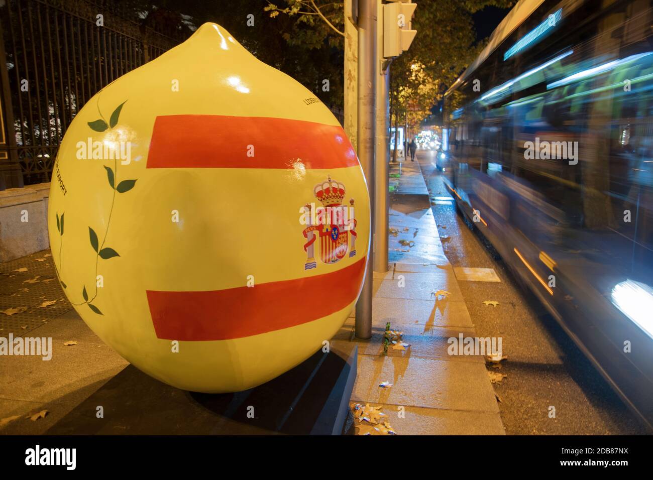 Madrid is the first stop of the traveling exhibition of urban art 'Lemon Art', formed by eight lemons of two meters high and 330 kilos of weight that Stock Photo