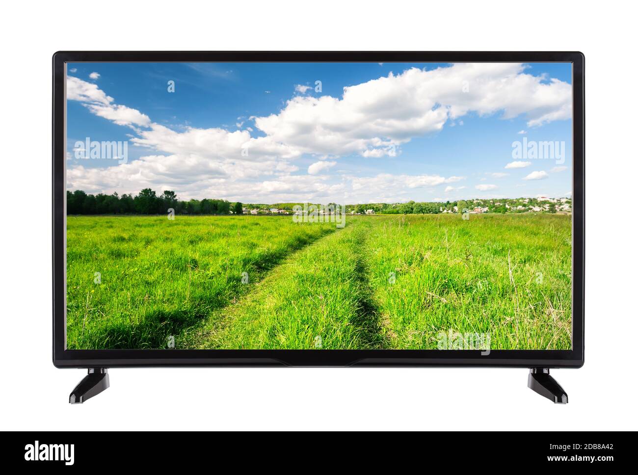 Flat high definition TV with a country road on the screen. Isolated on white Stock Photo Alamy
