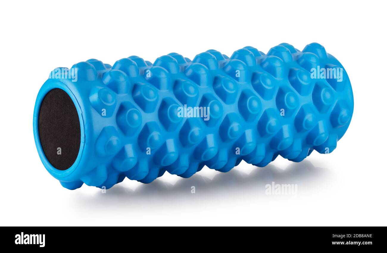 Training blue massage roller isolated on white background Stock Photo