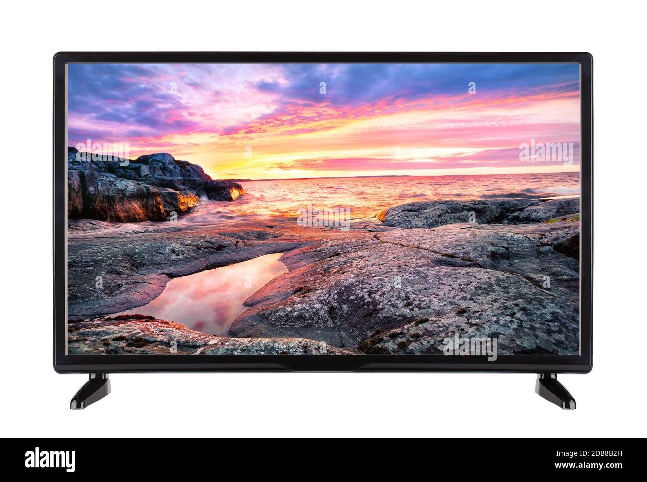 Black modern TV with a picture of the landscape of the river of the sunset rocks Stock Photo