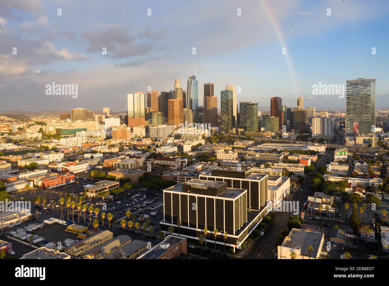 Rainbow over downtown Los Angeles skyline Stock Photo