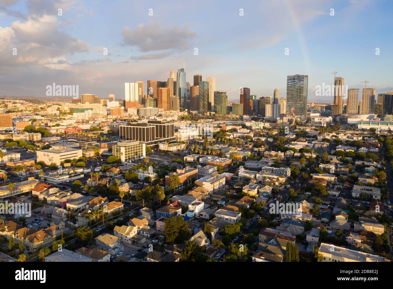 Rainbow over downtown Los Angeles skyline Stock Photo