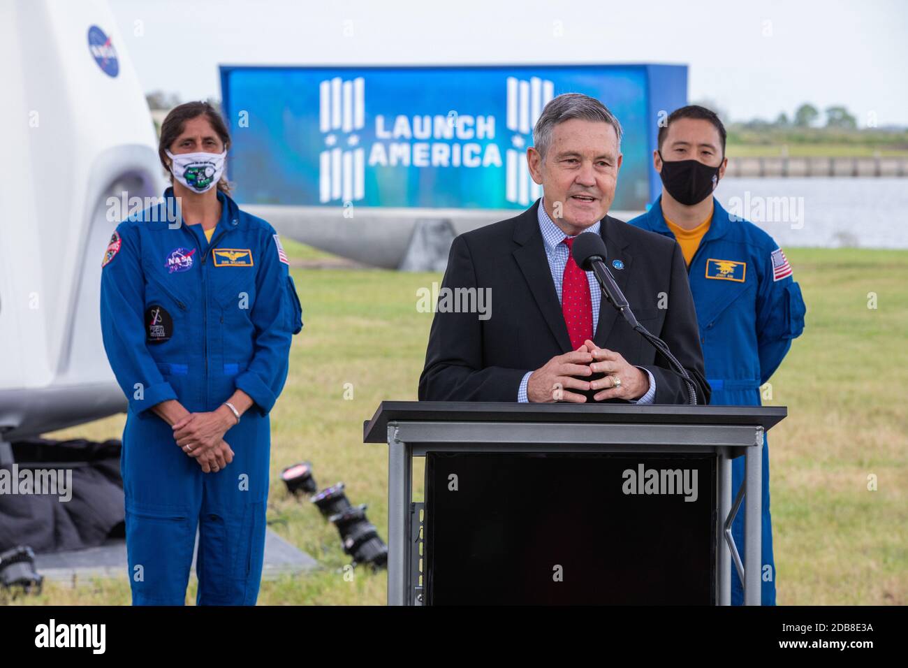 Kennedy Space Center Director Bob Cabana, speaks to members of the media during a press conference ahead of the Crew-1 launch at the Kennedy Space Center November 13, 2020 in Cape Canaveral, Florida. Standing with Cabana are NASA astronauts Sunita Williams, left, and Jonny Kim. Stock Photo