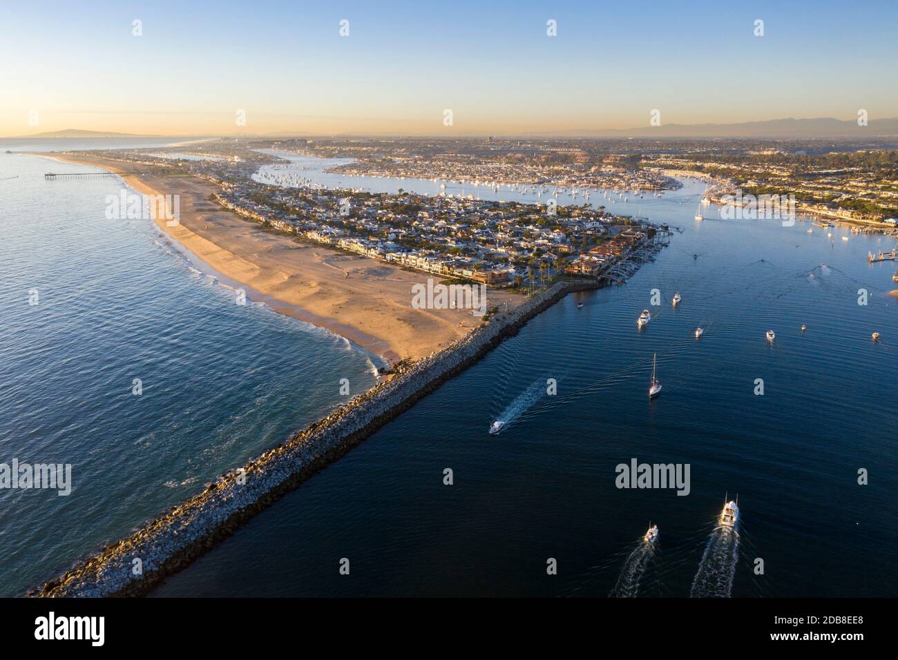 Aerial view of the Balboa Peninsula and Newport Harbor along the Orange County coast Stock Photo