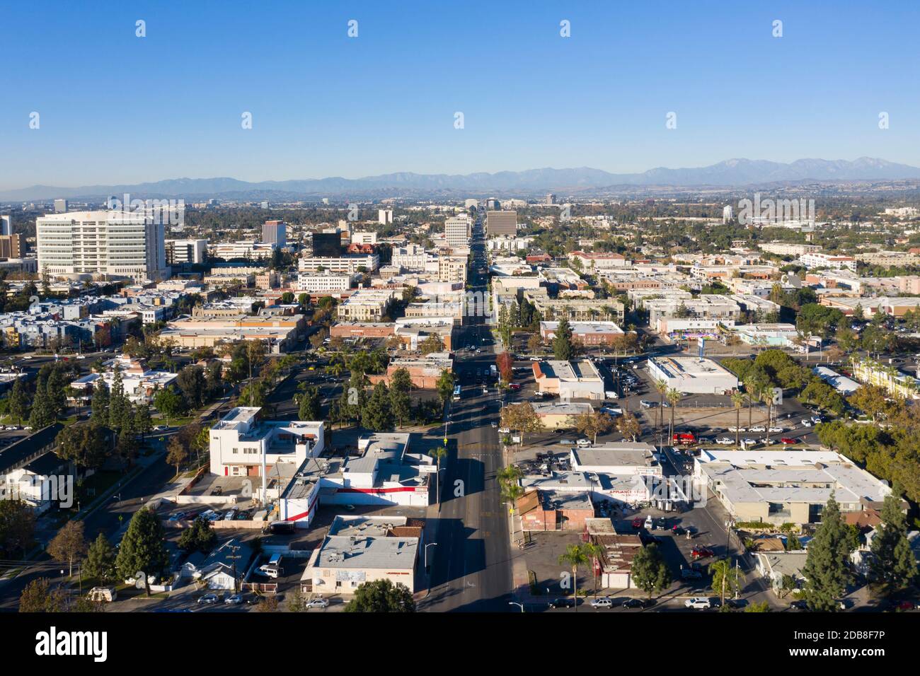 Aerial view looking north along Main Street in downtown Santa Ana, California Stock Photo