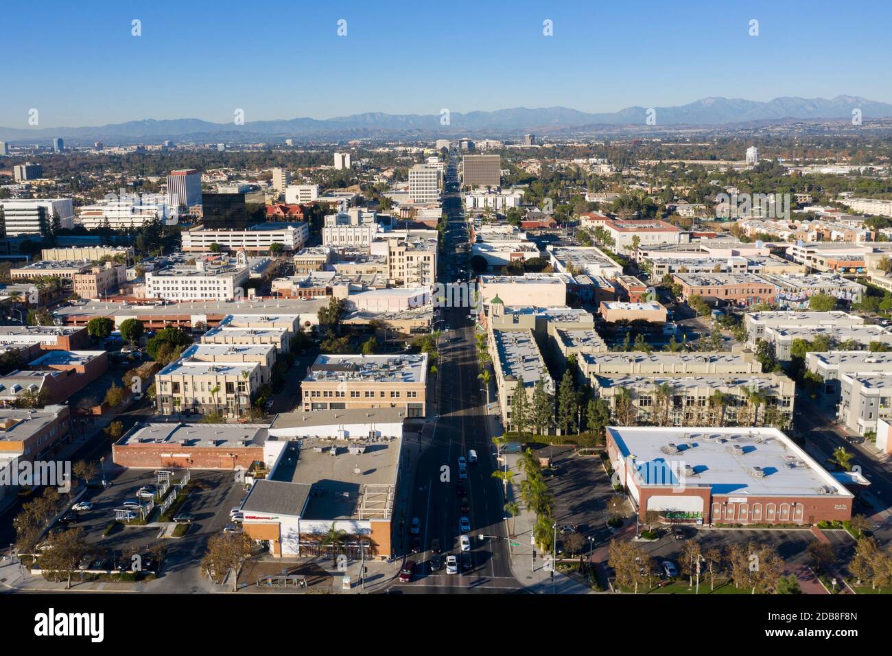 Aerial view looking north along Main Street in downtown Santa Ana, California Stock Photo