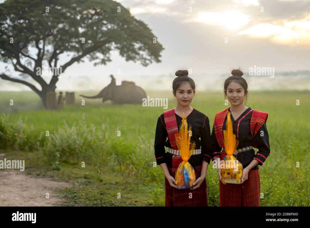 Two young women standing side by side holding wrapped gifts, Thailand Stock Photo