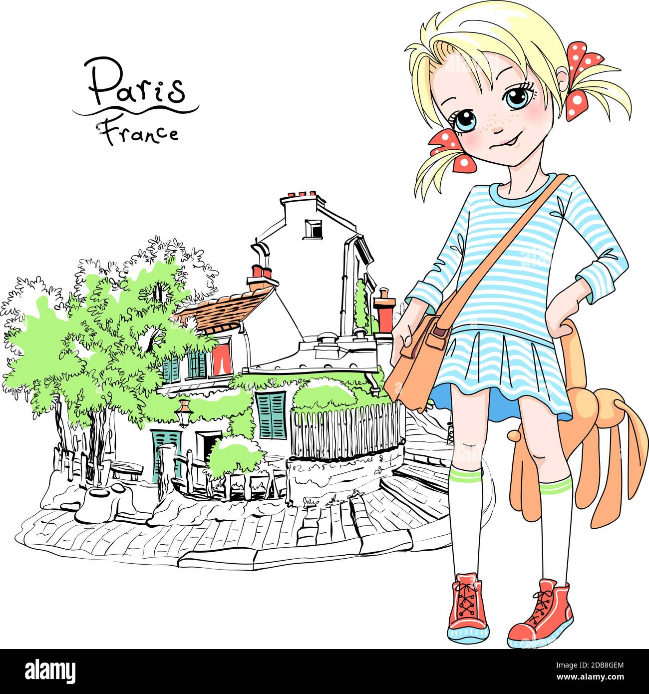 Vector cute girl in dress and sneakers with bag and soft toy rabbit on ...