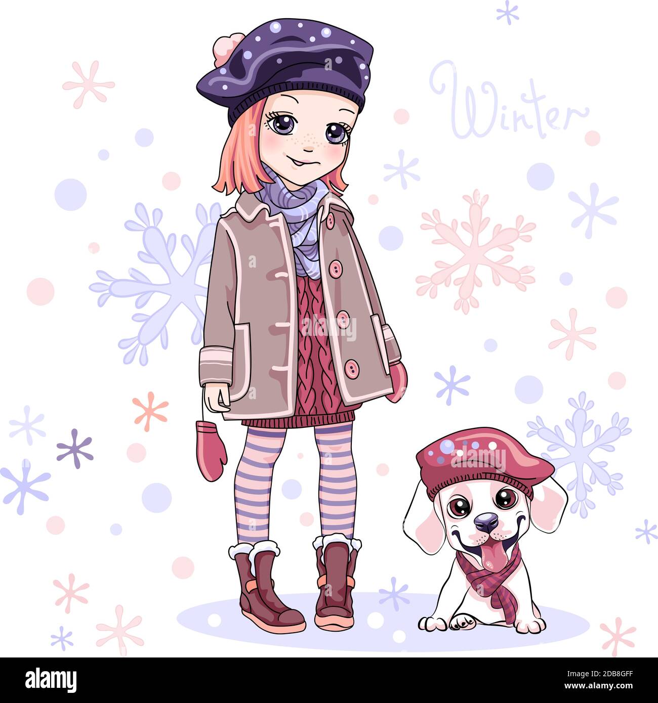 Vector Cute Baby girl in winter clothes with puppy labrador dog Stock