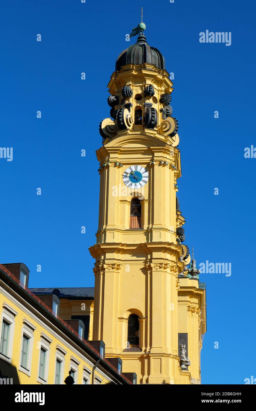 Steeple of theatiner church with clock in munich Stock Photo