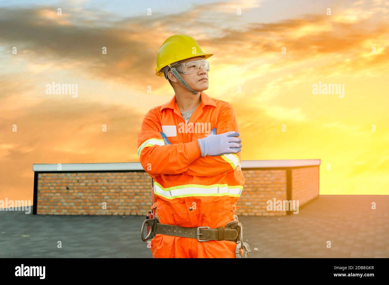 Portrait of an engineer standing on a roof, Thailand Stock Photo