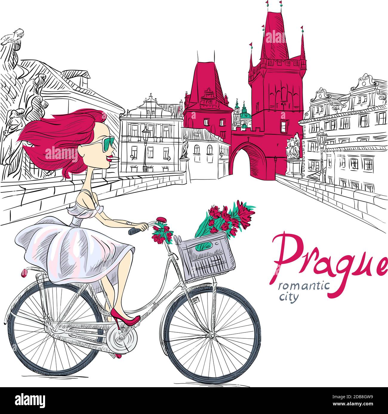 Cute beautiful fashionable girl in white dress rides a bike in Prague Stock Photo