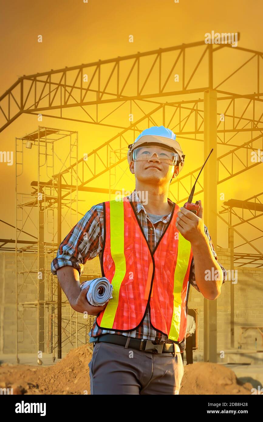 Portrait of a construction worker on a building site, Thailand Stock Photo