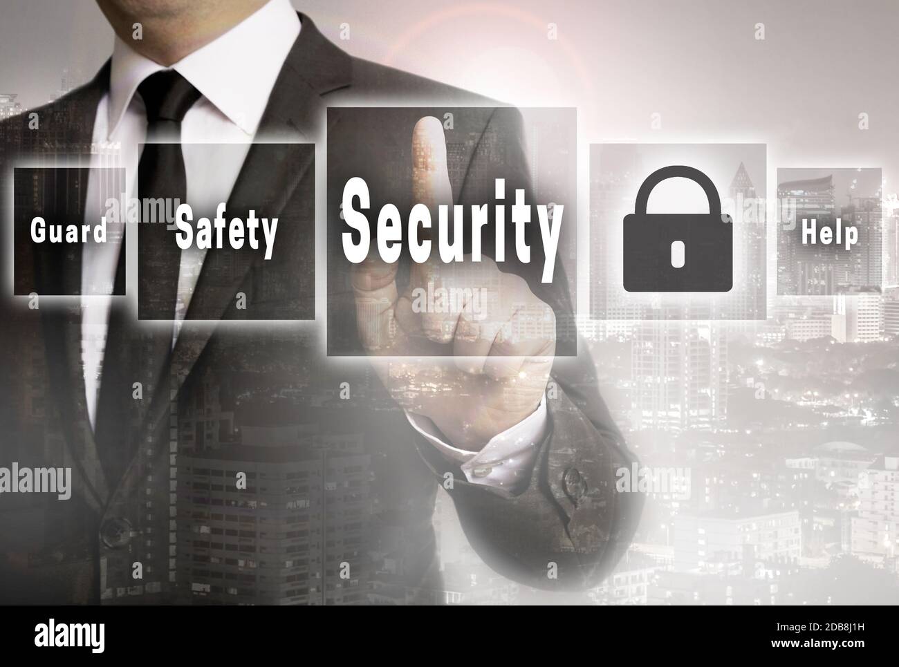 Security businessman with city background concept. Stock Photo