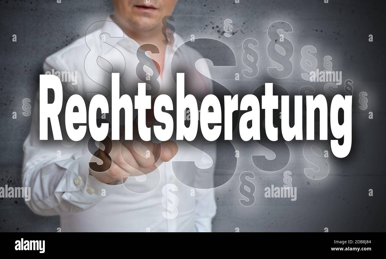 Rechtsberatung (in german Legal advice) is shown by man concept. Stock Photo