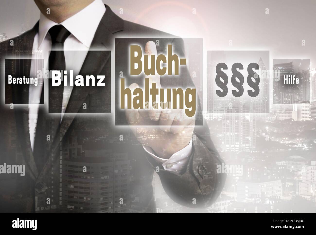 Buchhaltung (in german Accounting, Help, avice, end result) businessman with city background concept. Stock Photo