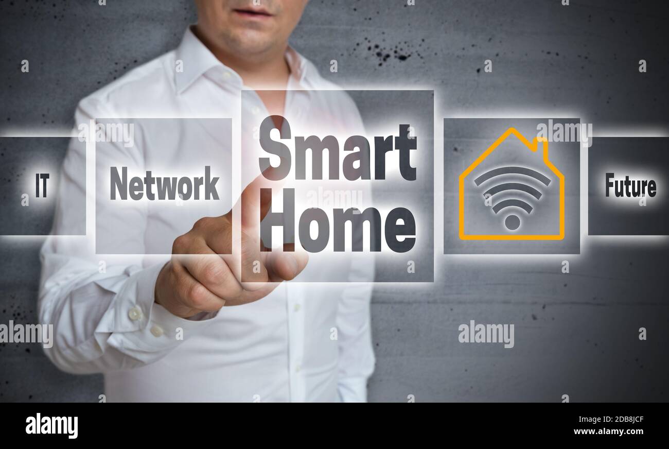 Smart Home concept background is shown by man. Stock Photo