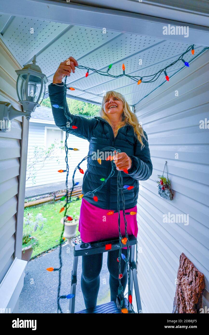Woman installing Christmas Holiday lights. Stock Photo