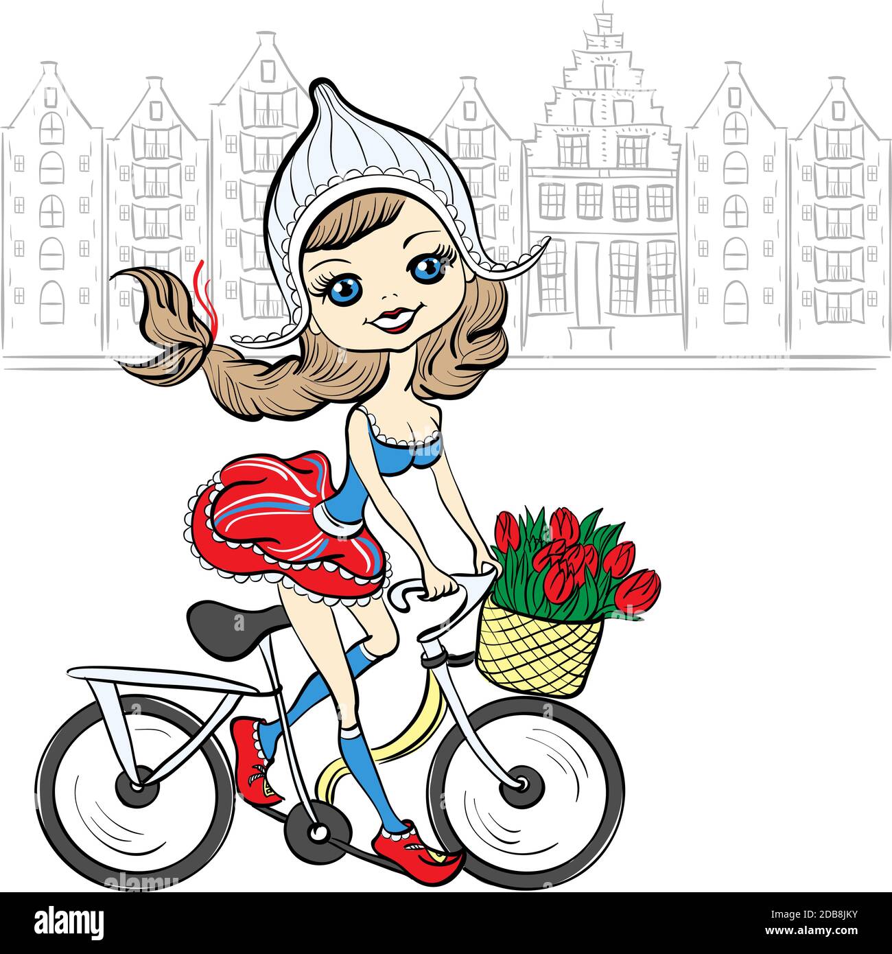 Cute beautiful fashionable baby girl rides a bike in Amsterdam Stock Photo