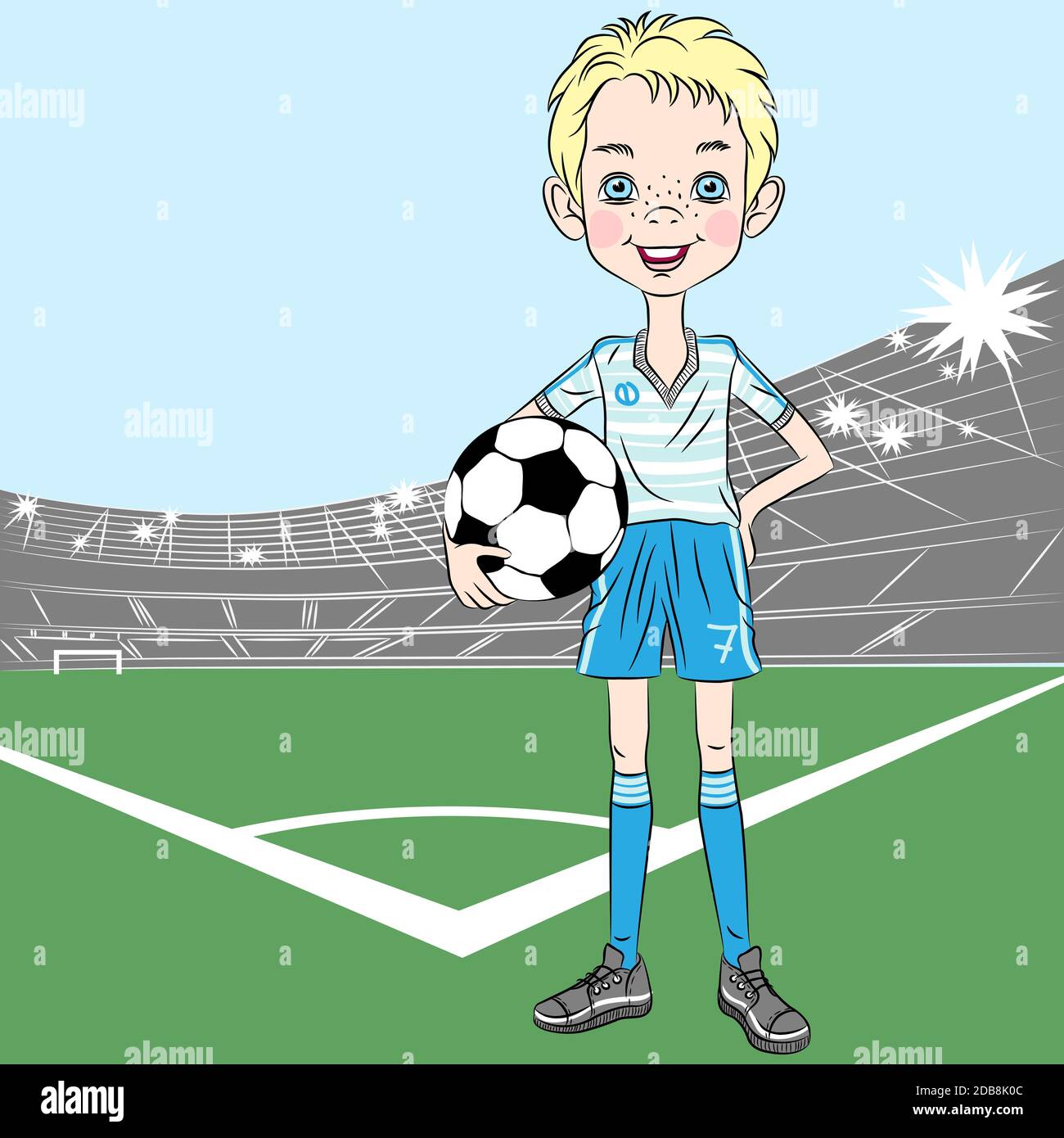 young football (soccer) player on the football pitch (field) with Ball Stock Photo
