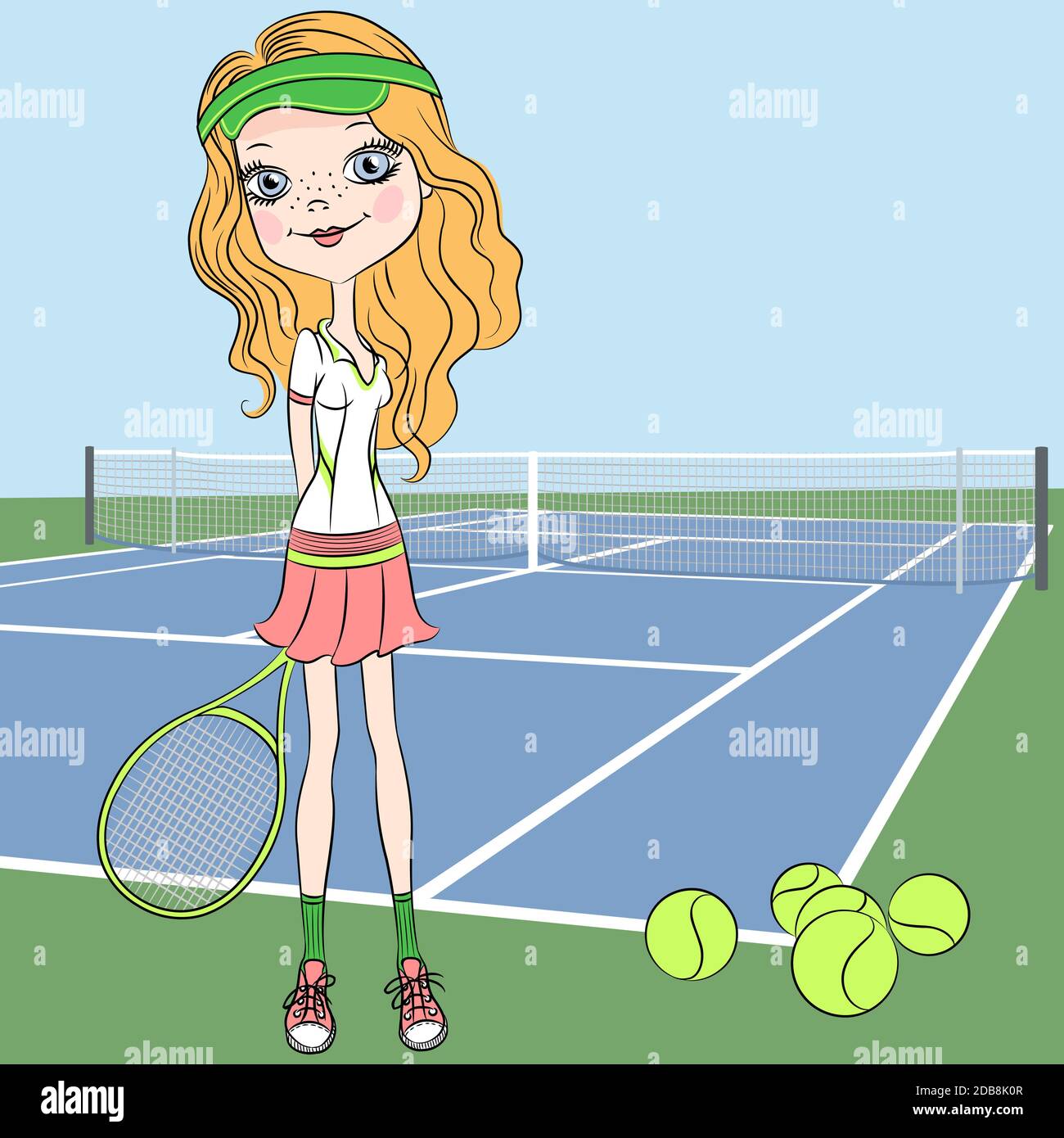 young girl Tennis player on the Tennis court with racquet Stock Photo
