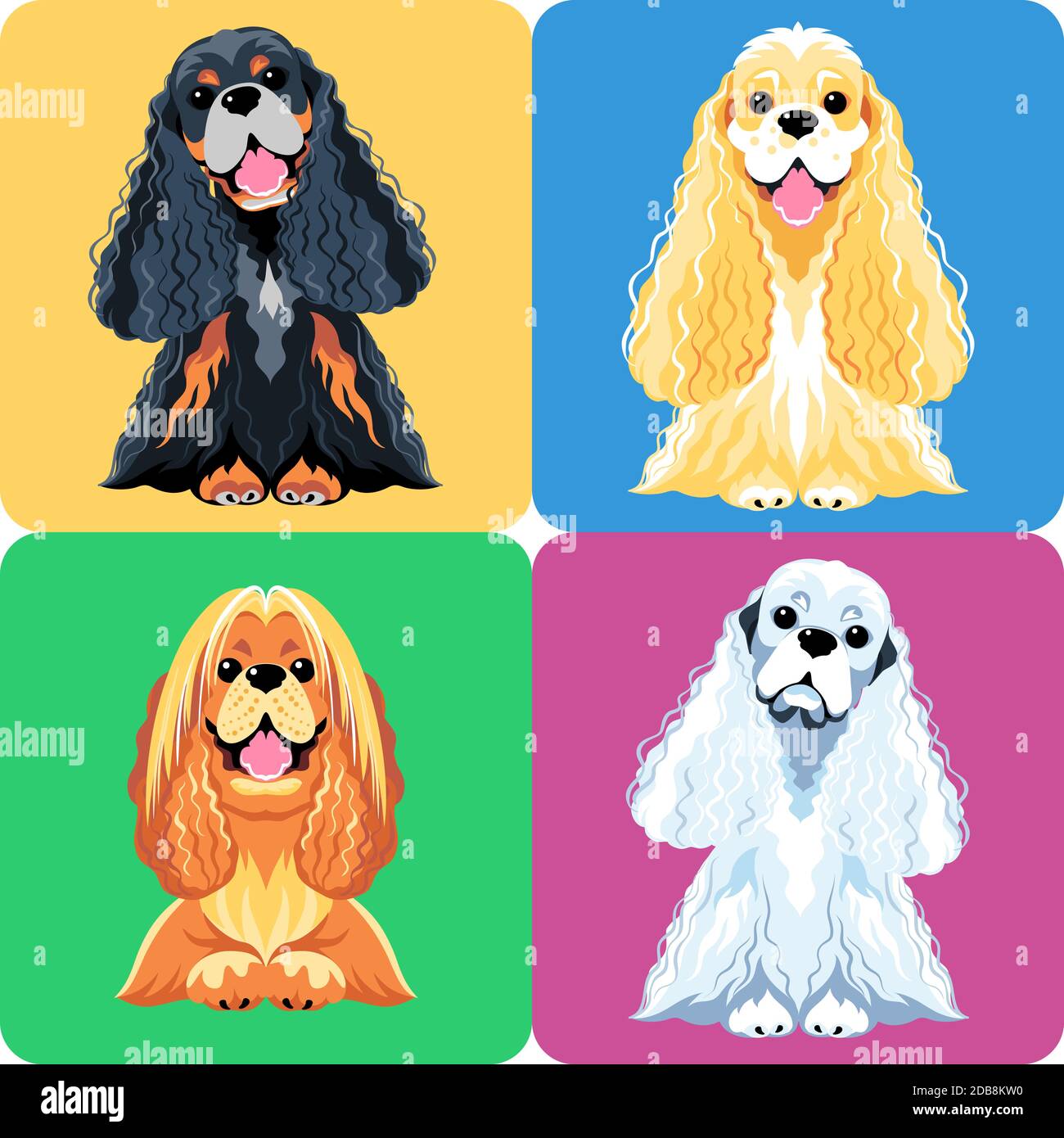 Vector set dogs American Cocker Spaniel sitting white, black, gold and ...