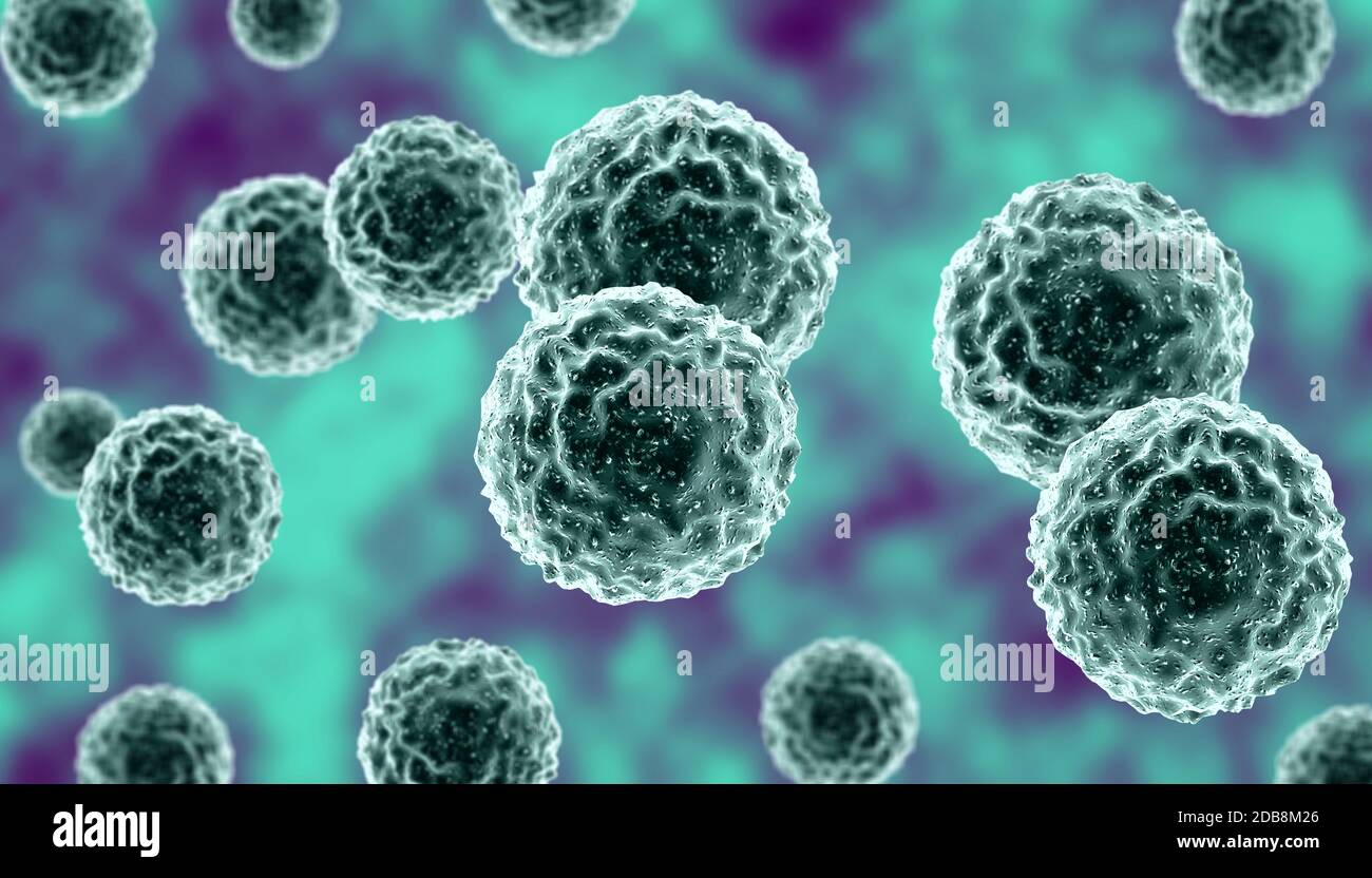 Flu Cell Model Microscopic view of influenza virus cells. 3D medical illustration ...