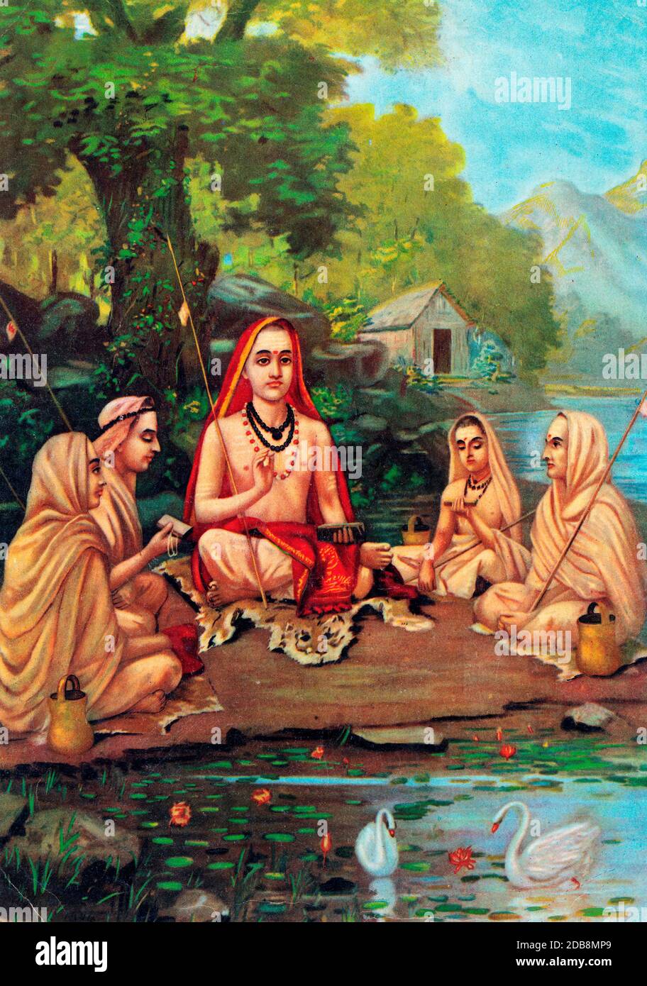 Adi Shankara (788-820), founder of Advaita Vedanta, with disciples, by Raja Ravi Varma, 1904 Stock Photo