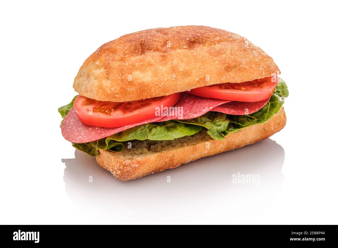 Ciabatta sandwich roll with salami sausage and tomato white isolated Stock Photo