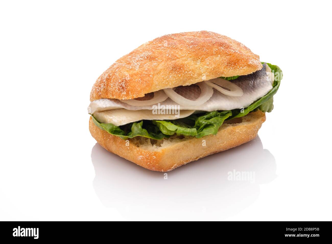 Sandwich roll with bismarck herring fisch and onion rings white