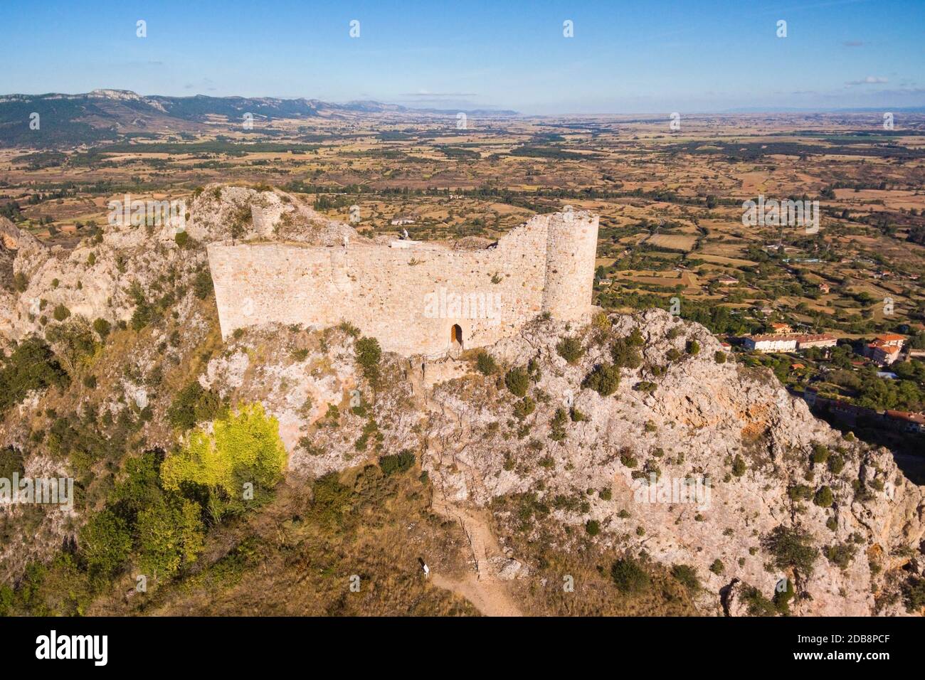 Aerial view of ancient ruins of Poza de la Sal castle in Burgos, Castile and Leon, Spain . Stock Photo