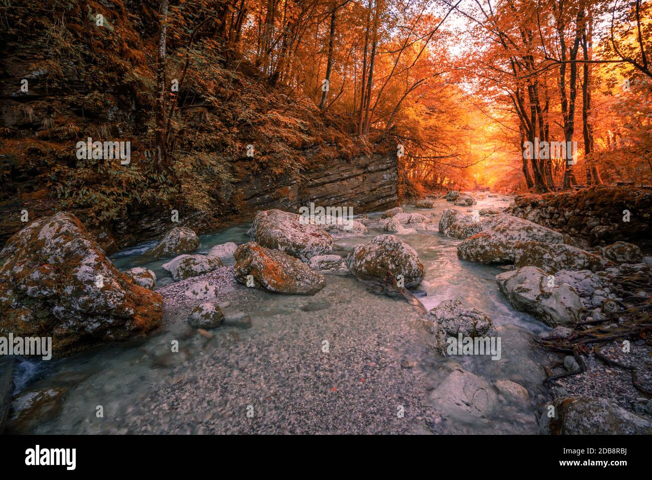 Rocky creek near Kozjak waterfalls, Soca Valley, Triglav National Park, Kobarid, Slovenia Stock Photo