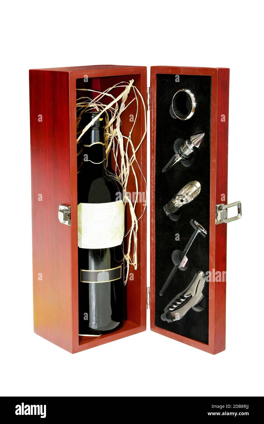 Wine set in box isolated included clipping path Stock Photo